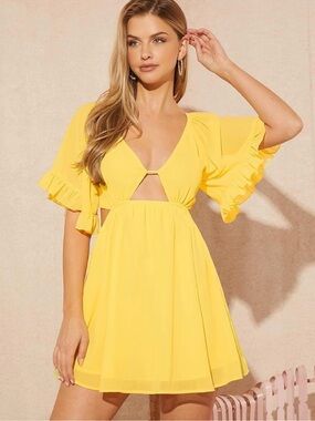Amazon Brand  Yellow Ruffle Sleeve Cutout Mini Dress No Label P2P 16